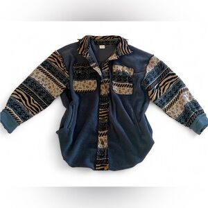 Animal Print Cheetah Sweater Fleece Jacket Button Up Safari Retro Pockets, L